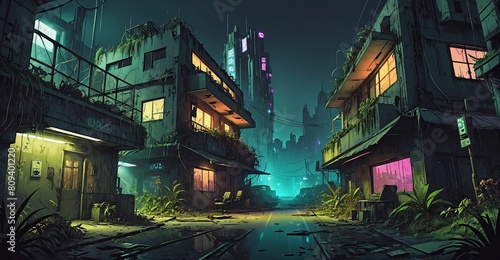 Gothic cyberpunk sci-fi dystopian overgrowth city at night. Abandoned  aged  old overgrown town building exteriors. Wasteland slum dark cityscape.