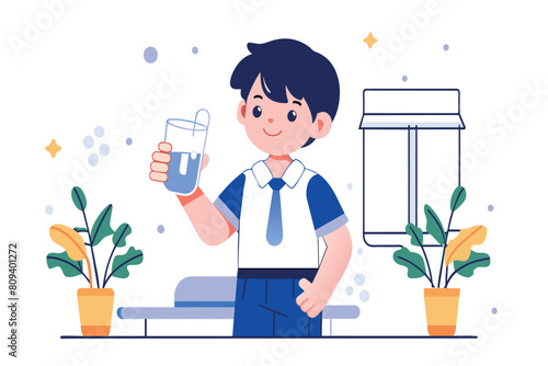 A cartoon boy with water next to a water dispenser