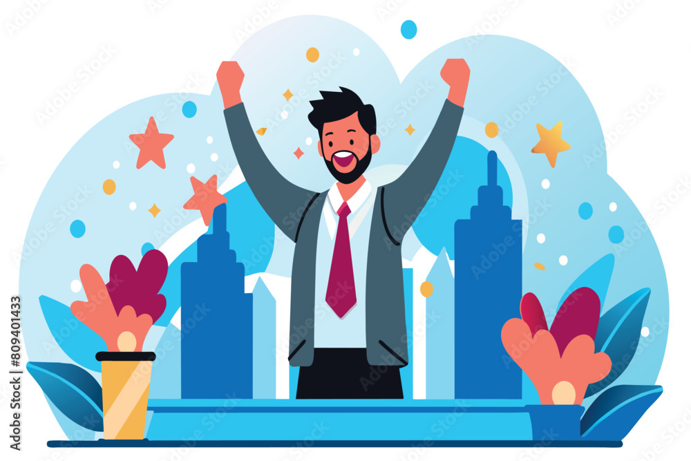 A jubilant man celebrates success with raised arms A jubilant man celebrates success with raised arms