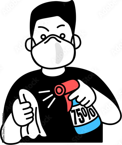 Man apply alcohol spray on rag doing the disinfection