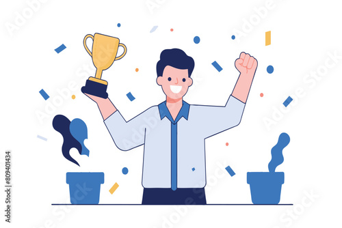 A delighted man holds up a trophy amid falling confetti