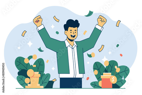 Man in suit exulting amidst falling confetti and money symbols