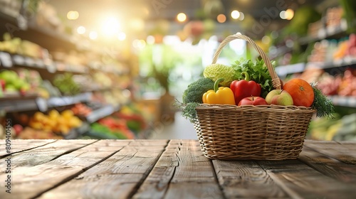 fresh produce and grocery essentials in a shopping basket on a wooden table