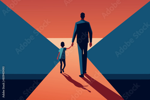 Silhouettes of a father and child holding hands during sunset