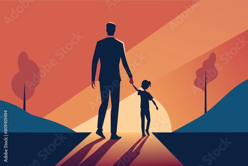 A father and child stroll together in a colorful dusk scene