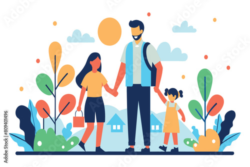 A dad and his two kids enjoy a walk outdoors