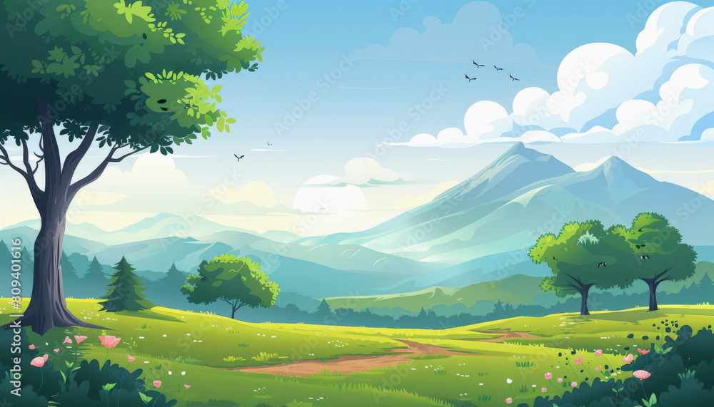 A picturesque landscape featuring a tree, rolling green hills, a mountain in the background, and a clear sky with fluffy clouds and flying birds.