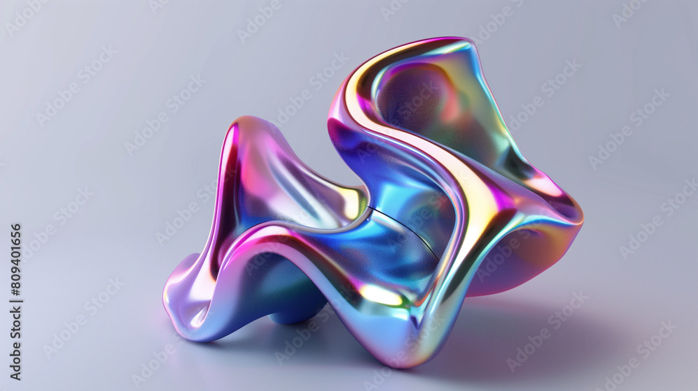 Obraz premium This digital rendering presents an abstract, fluid shape characterized by chrome and iridescent hues, delicately suspended in mid-air against a neutral grey background. 