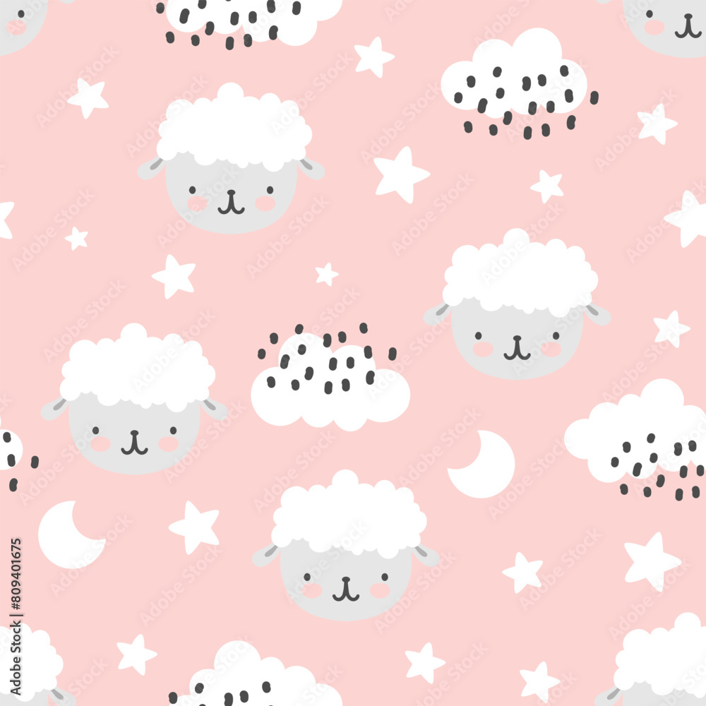 Cute endless design with hand drawn sheep on a pastel pink background with clouds and stars, kids fabric seamless pattern Cute endless design with hand drawn sheep on a pastel pink background with clouds and stars, kids fabric seamless pattern