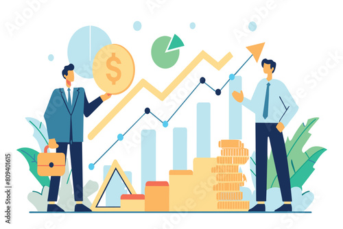 Businessmen analyze financial success with growth chart and money icons