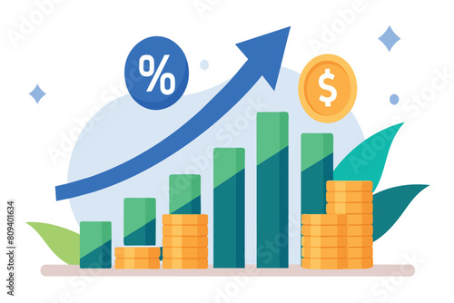 Graphic of increasing financial growth with coins and graph bars