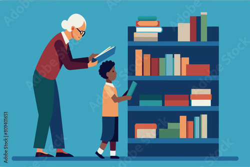 A senior lady assists a child in choosing a book
