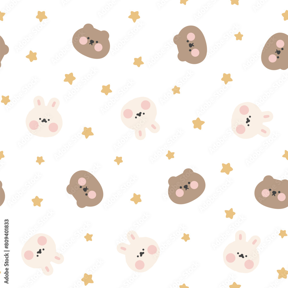 Cute hand drawn teddy bears and rabbits seamless pattern with golden stars, neutral kids background