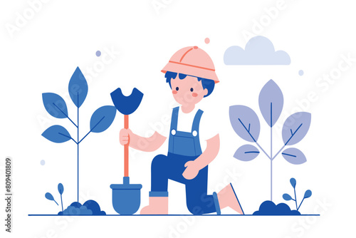A cartoon boy with a shovel plants saplings on a sunny day