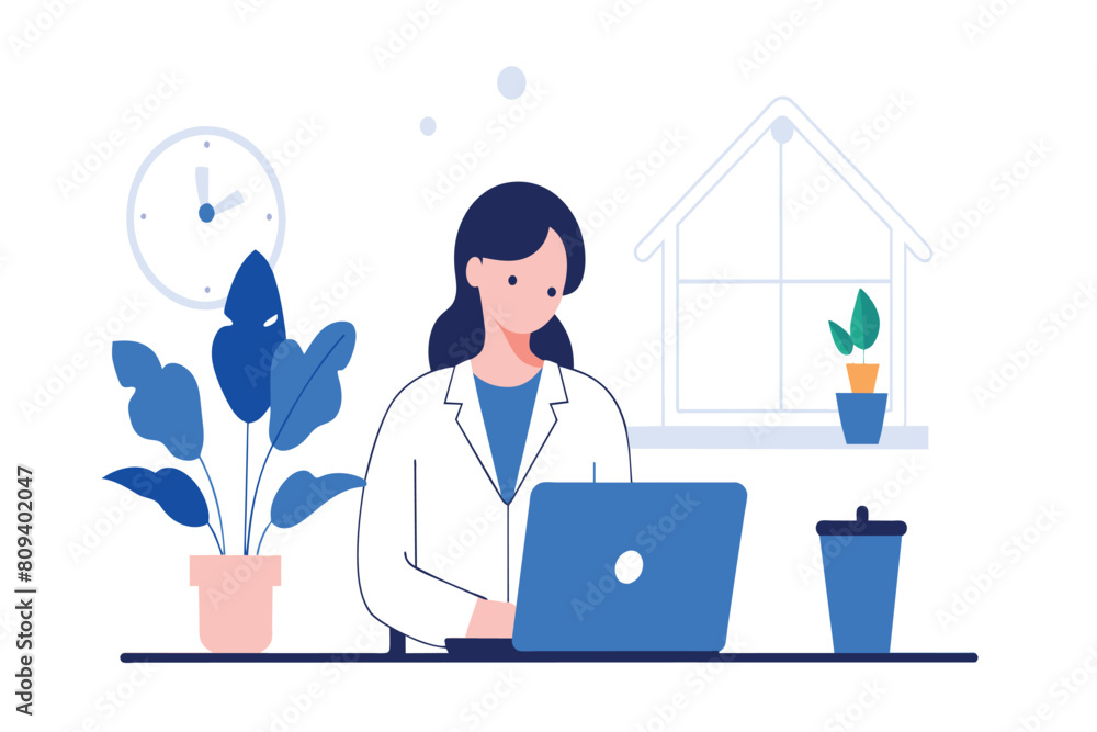 A woman concentrates on her laptop in a bright workspace A woman concentrates on her laptop in a bright workspace