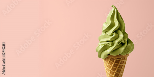 matcha green tea ice cream with waffle cone isolated on pink background, copy space