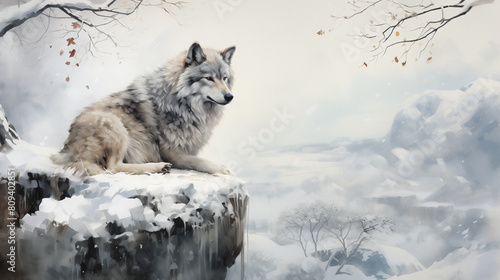 Digital illustration of a lone wolf seated on a cliff with a panoramic view of a vast, snow-covered mountain landscape under a wintry sky.