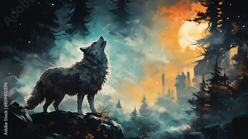 Digital illustration of a lone wolf howling at a glowing full moon, perched on a rocky ledge with a mystical forest backdrop and orange twilight sky. photo