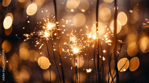 Closeup of sparkling sparklers firework and bokeh lights glitter effects for Happy New Years and seasonal festive on black background