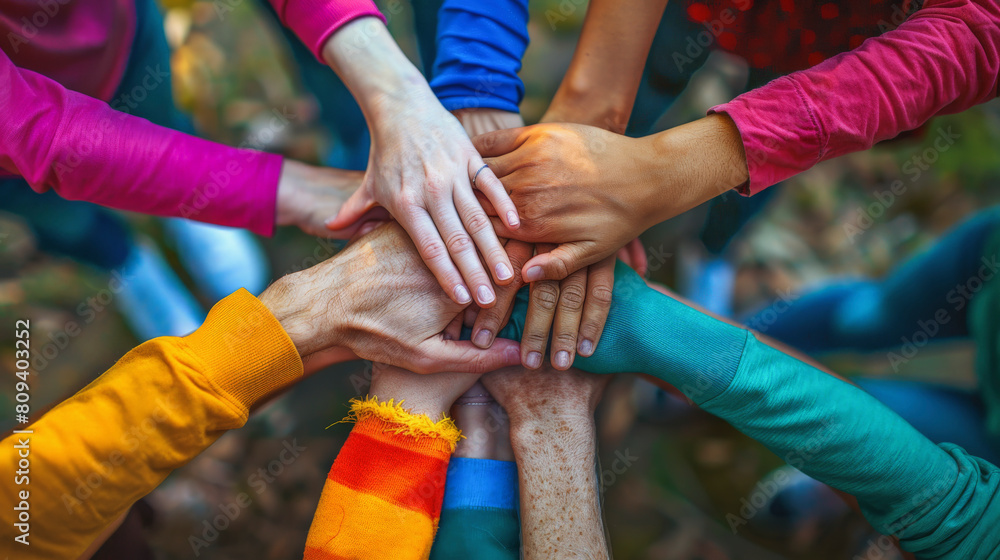 ​Sharing Economy : A group of people with diverse clothing placing their hands together in the center, symbolizing teamwork, unity, and collaboration among individuals from different backgrounds.