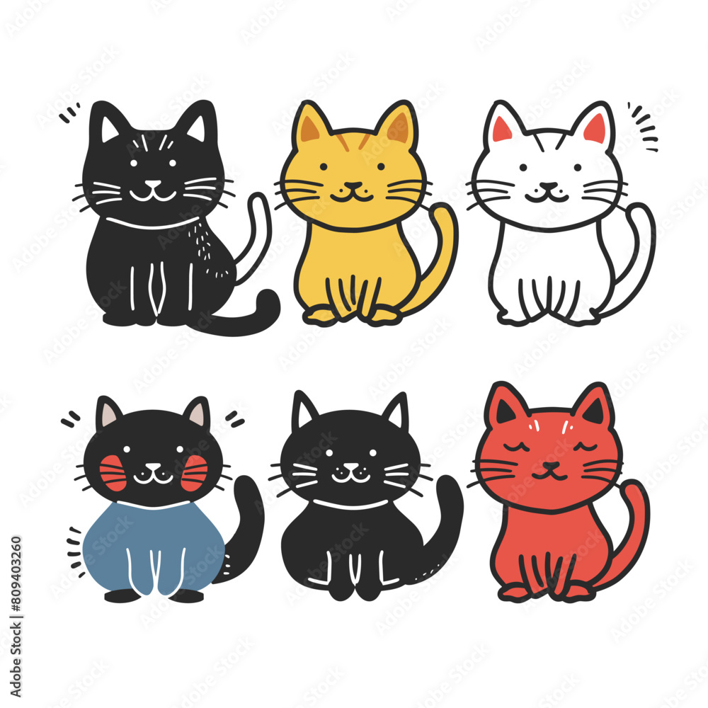 Collection six cute cartoon cats smiling, various colors patterns. Different cat characters sitting, colors black, yellow, white, red, wearing blue shirt, striped tail. Simple feline doodle, playful Collection six cute cartoon cats smiling, various colors patterns. Different cat characters sitting, colors black, yellow, white, red, wearing blue shirt, striped tail. Simple feline doodle, playful