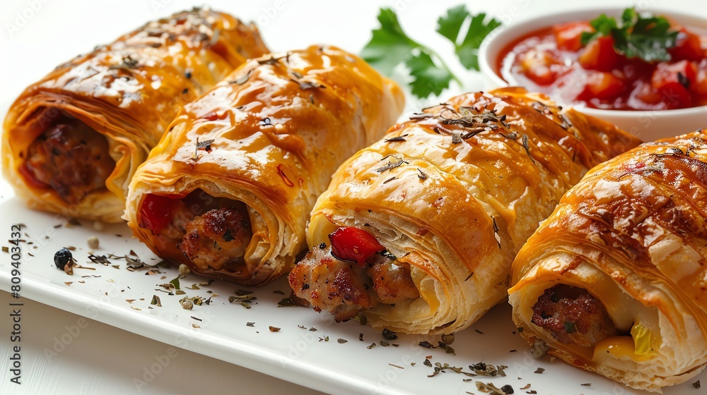 Cheesy sausage rolls with jalapeno and mozzarella filling, spicy and delicious, served with salsa, colorful meal option, isolated on white Cheesy sausage rolls with jalapeno and mozzarella filling, spicy and delicious, served with salsa, colorful meal option, isolated on white