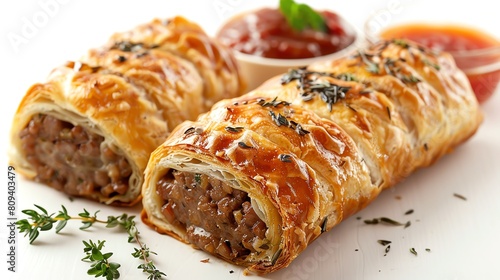 Classic pork sausage rolls, crisply baked with thyme, served with a side of apple sauce, comforting and delicious, isolated on white