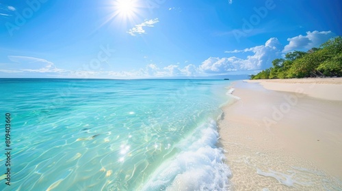 Tranquil Beach: Blue water, sandy shore, sunny day. 