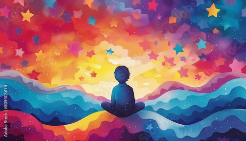​World autism awareness day : A silhouette of a person meditating against a vibrant, star-studded background with colorful waves, symbolizing peace, mindfulness, and the vastness of the universe. photo