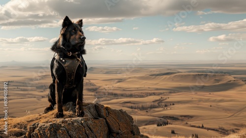thick muscular dark brown black fluffy leonberger-wolf in leather armor and saddle standing on four paws overlooking a vast landscape horizon, tiny streaks of cream white gold in fur 