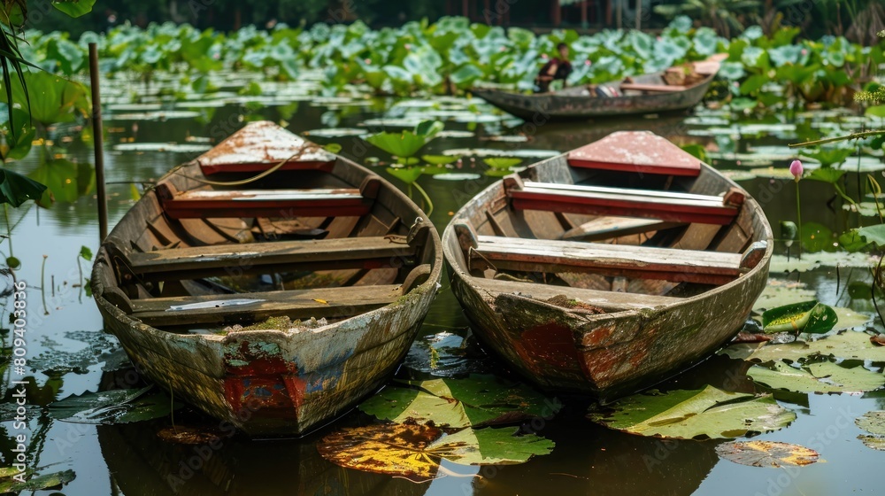 Traditional boats in a lotus pond in the Mekong delta Traditional boats in a lotus pond in the Mekong delta