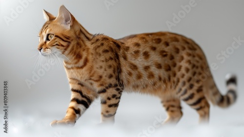 A Ocicat cat standing proudly, its spotted coat standing out against a white backdrop. Generative AI