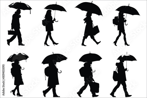 Silhouettes of people walking with umbrella, People with umbrella silhouettes vector, Silhouettes of man and woman under umbrella, Fashion, Woman, Young, Human, Rainy, Standing, Umbrella, Rain