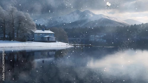 Immerse yourself in the picturesque scenery of lakeside buildings enveloped in winter's embrace in a captivating 4K looping video. photo