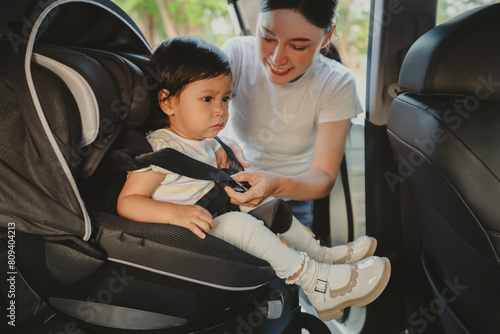 mother is fastening safety belt to unhappy toddler girl in car seat, safety baby chair travelling