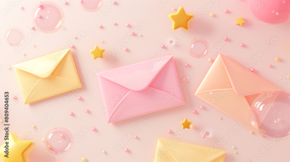 This 3D vector illustration features charming pink and yellow envelopes, accompanied by cute stars and bubbles floating around them. The design is crafted in the style of pastel colors, lending a soft This 3D vector illustration features charming pink and yellow envelopes, accompanied by cute stars and bubbles floating around them. The design is crafted in the style of pastel colors, lending a soft