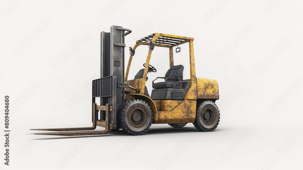 The yellow forklift truck is isolated on a white background. The truck is old and rusty, with a scratched and dented body. The tires are worn and the paint is peeling.