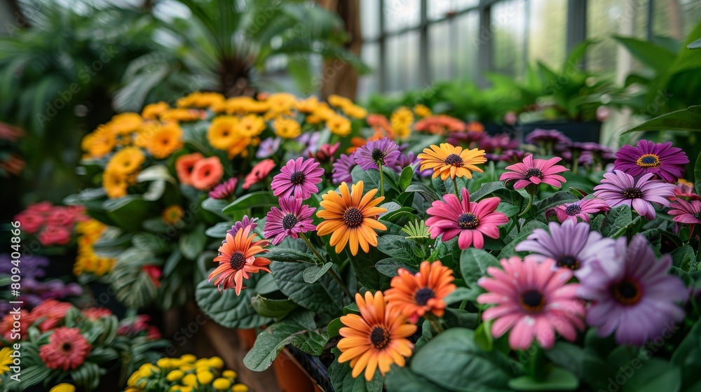 Colorful african daisy display in greenhouse