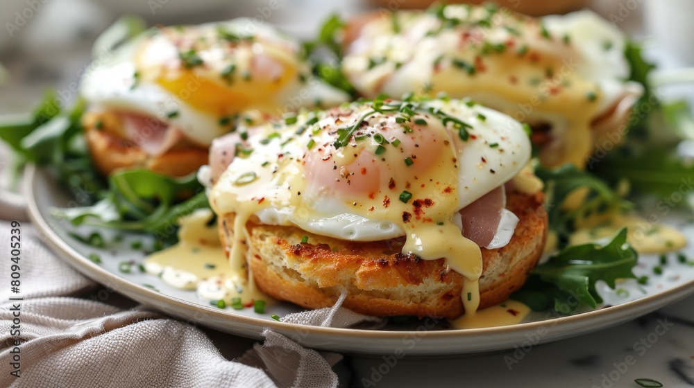 Toasted muffin topped with Eggs Benedict Toasted muffin topped with Eggs Benedict
