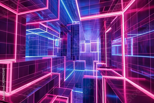 Futuristic Neon Labyrinth of Intricate Geometric Shapes and Luminous Lines in a Minimalist Digital Backdrop