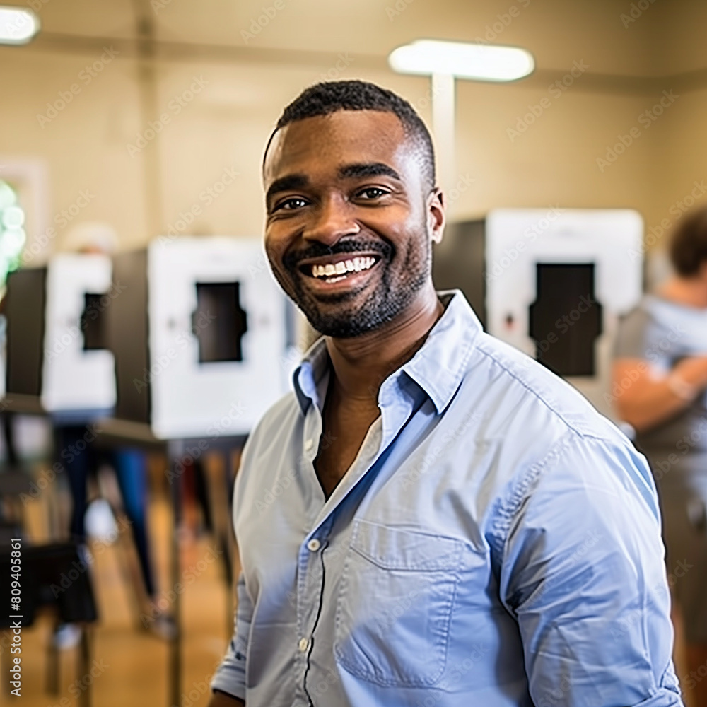 A smiling man working at a voting center with voting booths behind him A smiling man working at a voting center with voting booths behind him