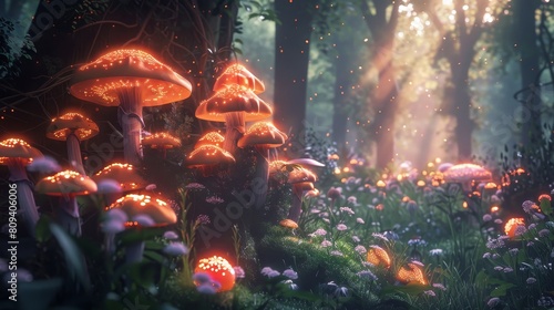 A magical glen where luminescent mushrooms grow among ethereal plants, their soft glow casting shadows in a fantastical forest photo
