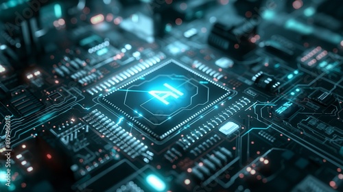 An illuminating AI symbol in close-up on an electronic circuit board represents the incorporation of AI into contemporary digital systems.