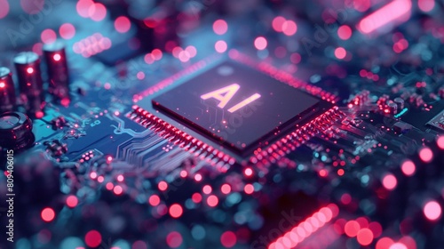 An illuminating AI symbol in close-up on an electronic circuit board represents the incorporation of AI into contemporary digital systems.