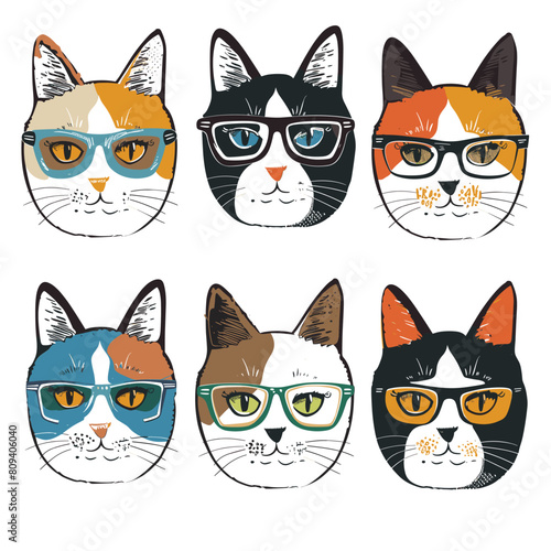 Six cats different fur patterns wearing colorful glasses, cat exhibits unique coloring eyewear, making face distinct. Hipster, stylish cats trendy fashion sense
