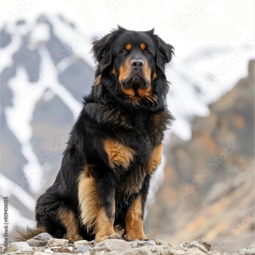 breathtaking scene of a Tibetan Mastiff standing guard at the entrance to a remote mountain village 