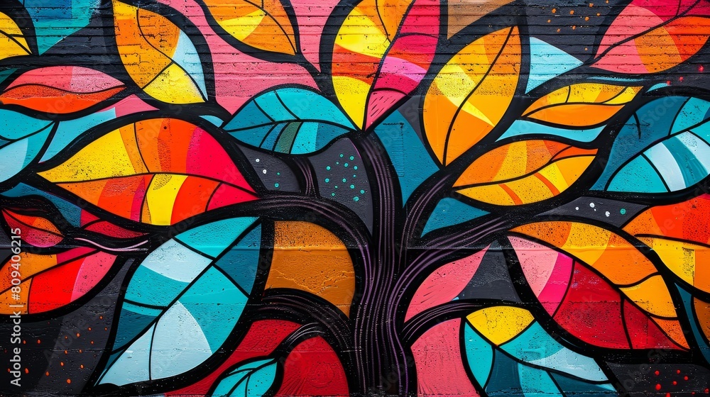 Close-up of a graffiti tree design on a wall, bold colors and patterns stand out against a stark background, studio lights Close-up of a graffiti tree design on a wall, bold colors and patterns stand out against a stark background, studio lights