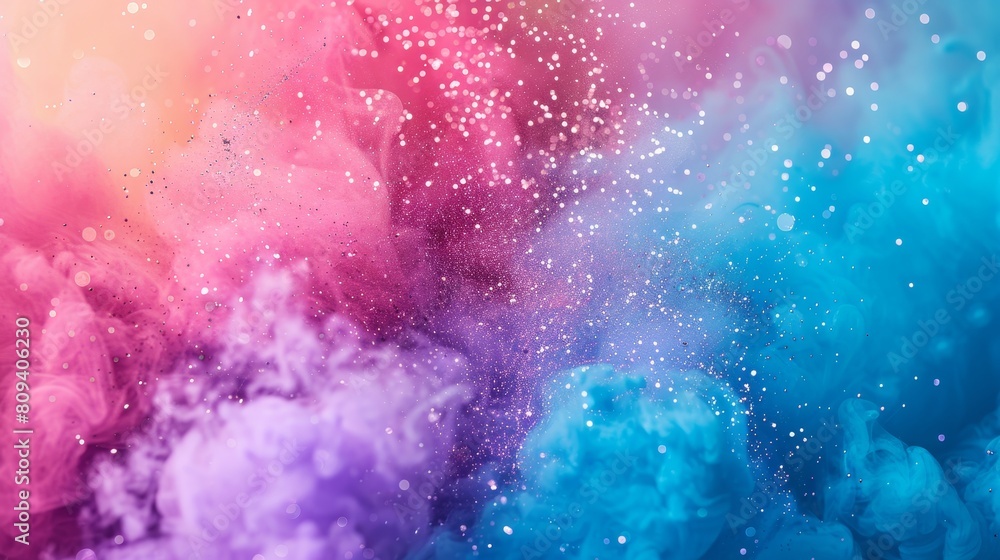 Close-up of explosive clouds of colorful pastel dust with sparkling particles, perfectly captured against an isolated background