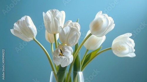 Bright and vibrant close-up of delicate white tulips in a glass vase  glowing against a crisp blue background  studio lit for clarity