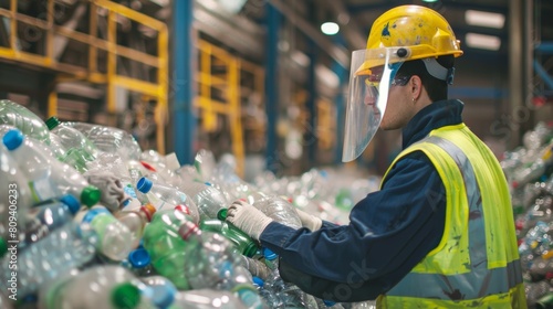 Worker sorting recyclable materials at a facility photo